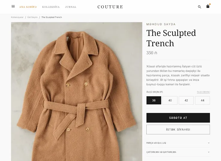 Smart Fashion: məhsul kartı, ölçü seçimi və təsvir