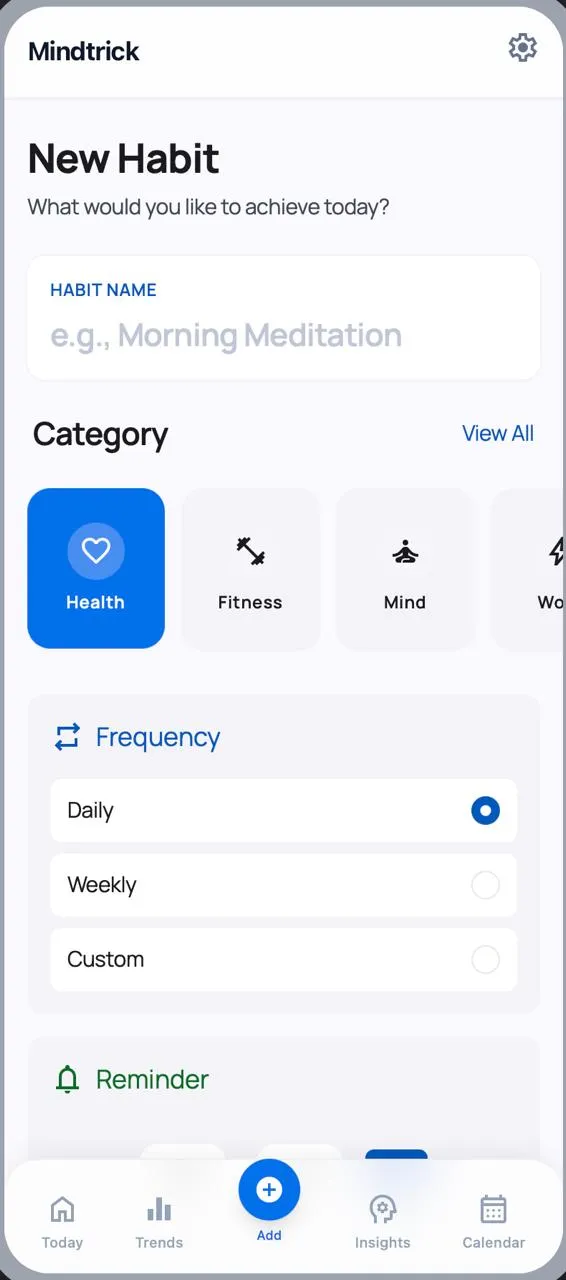 MindTrick: yeni vərdiş ekranı — ad, kateqoriya, tezlik və xatırlatma