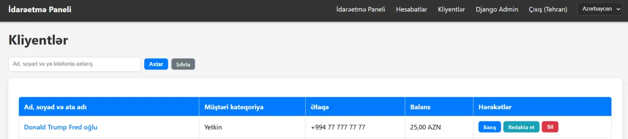 FLEKS: müştəri siyahısı — kateqoriya, telefon və cari balans
