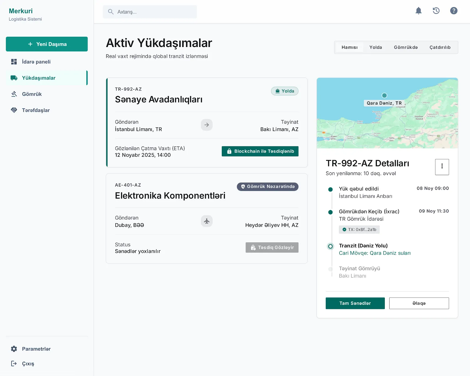 Merkuri: aktiv yükdaşımalar, marşrut, gömrük statusu və blokçeyn təsdiqli xronologiya
