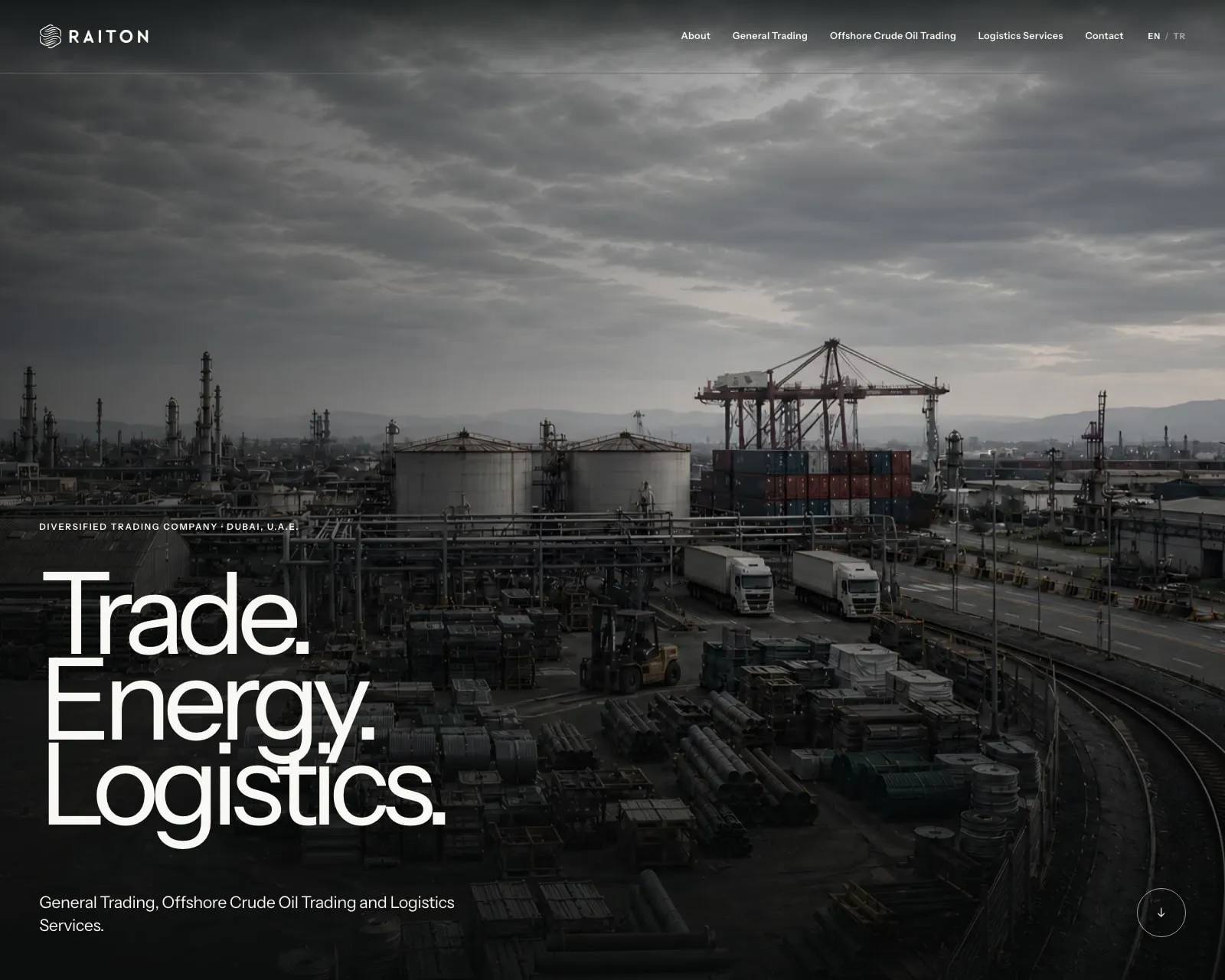 RAITON: ilk ekran — konteyner kranı və çənlərlə neft terminalının panoramı, üstündə «Trade. Energy. Logistics.» başlığı və «Diversified trading company · Dubai, U.A.E.» sətri; başlıqda beş bölmə və EN / TR keçidi
