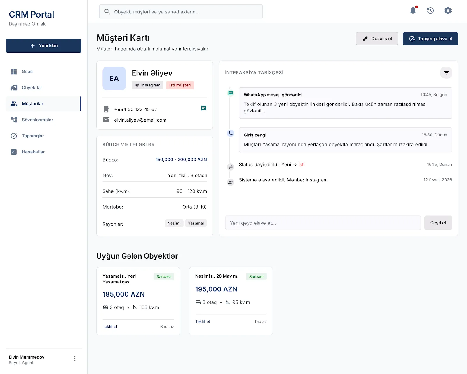 CRM Portal: müştəri kartı, interaksiya tarixçəsi və uyğun gələn obyektlərin siyahısı