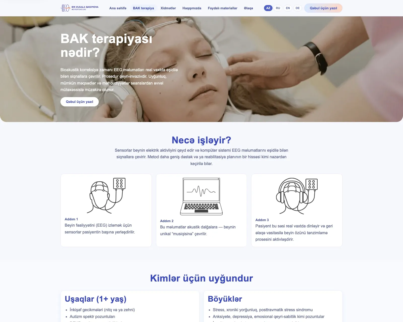 Dr. Qasımova saytı: BAK terapiyası səhifəsi — EEG sensorları taxılmış uşağın fotosu üzərində «BAK terapiyası nədir?» başlığı və prosedurun qeyri-invaziv olduğunu, uyğunluğun seanslardan əvvəl müzakirə edildiyini deyən abzas