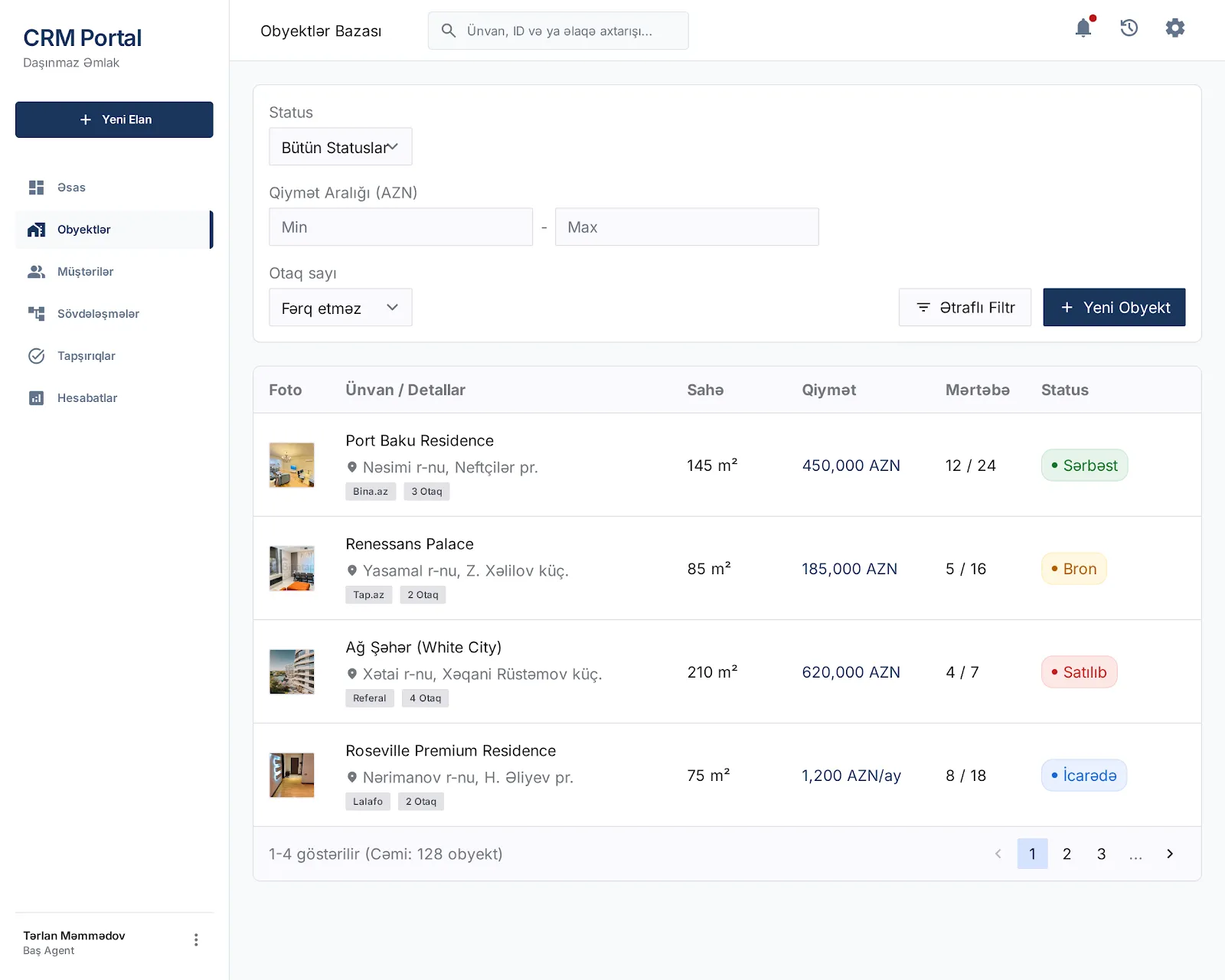 CRM Portal: obyekt bazası, qiymət və otaq sayı üzrə filtrlər, statuslu siyahı
