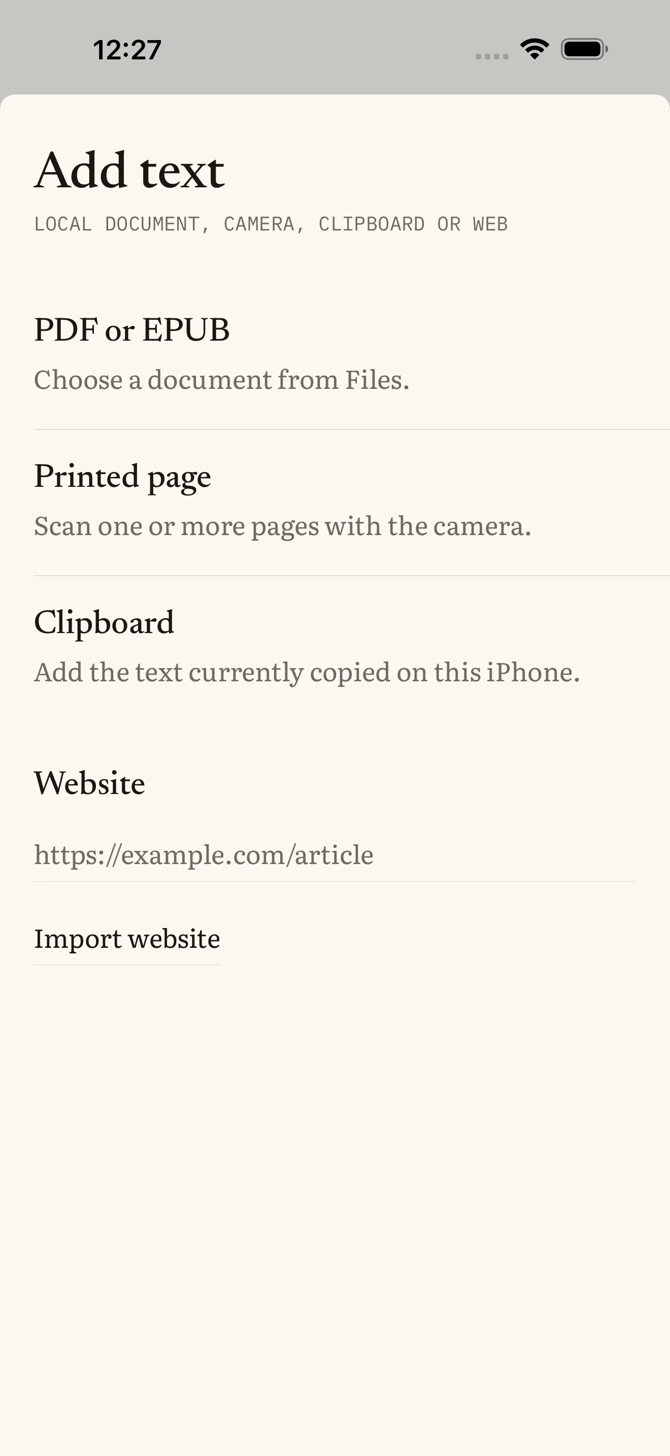 Fast Reader: «Add text» paneli — «Files»dan PDF və ya EPUB, kameraya çəkilmiş səhifə, buferdəki mətn və məqalə ünvanı üçün sahə ilə idxal düyməsi