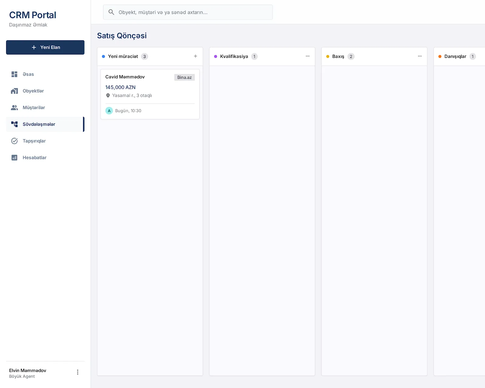 CRM Portal: satış hunisinin Kanban lövhəsi — dörd sütun, sayğaclar 3, 1, 2 və 1; birincidə 145 000 AZN-lik üçotaqlı mənzil üzrə sövdələşmə kartı