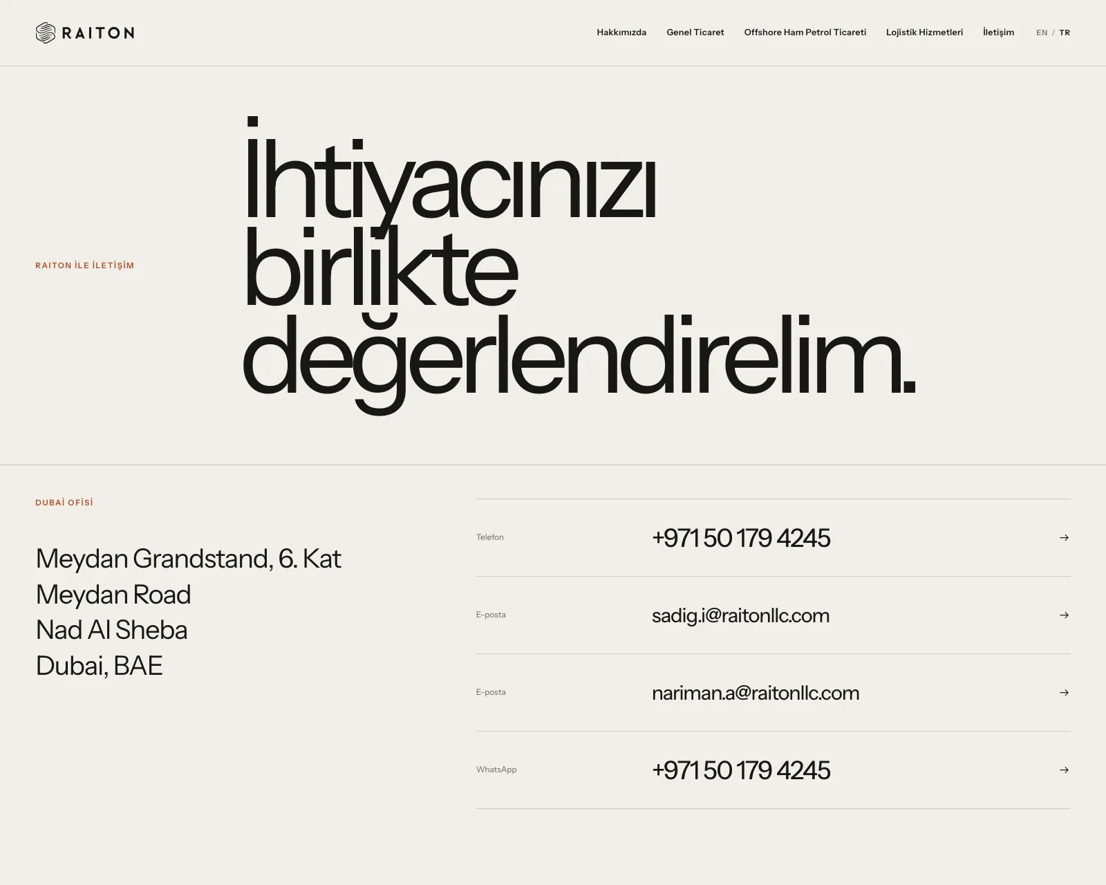 RAITON: əlaqə səhifəsinin türk versiyası — «İhtiyacınızı birlikte değerlendirelim.» başlığı, solda dörd sətirlik Dubay ofisinin ünvanı, sağda telefon, iki e-poçt və WhatsApp siyahısı